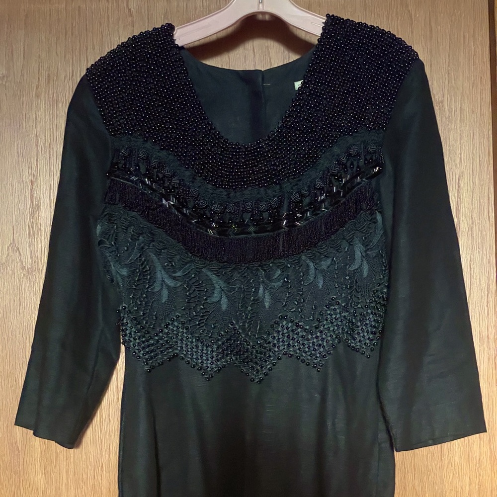 heavily beaded black linen scoop neck dress